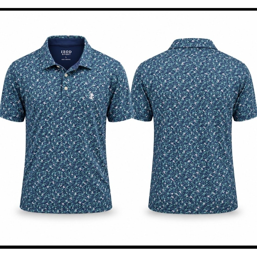 IZOD Sport Mens Floral Polo Shirt Medieval Blue Performance Golf Top Large NEW